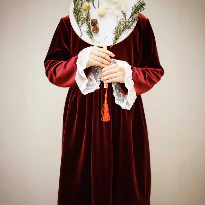 2024AW 秋冬 女童新款  酒红色 蕾丝花边 连衣裙 气质