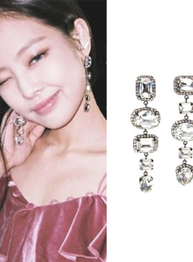 特价现货TWICE志效秀智BLACKPINK JENNIE同款水晶不对称耳环925