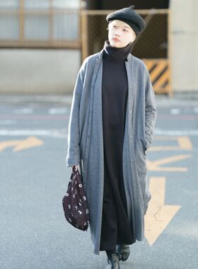 sousou代购日本Yousou女立领宽松单排扣暗扣羊毛毛呢长款外套灰