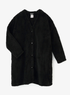 sousou代购日本Yousou女毛绒V领宽松单排扣双面仿羔毛长款外套黑