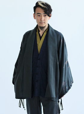 sousou代购日本京都设计师宮中袖単男宽袖系带宽松短款外套深緑色