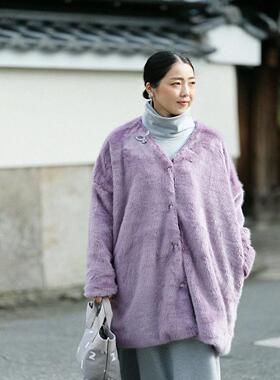 sousou代购日本京都设计师女宽松环保毛皮草人造毛长款外套藤紫色