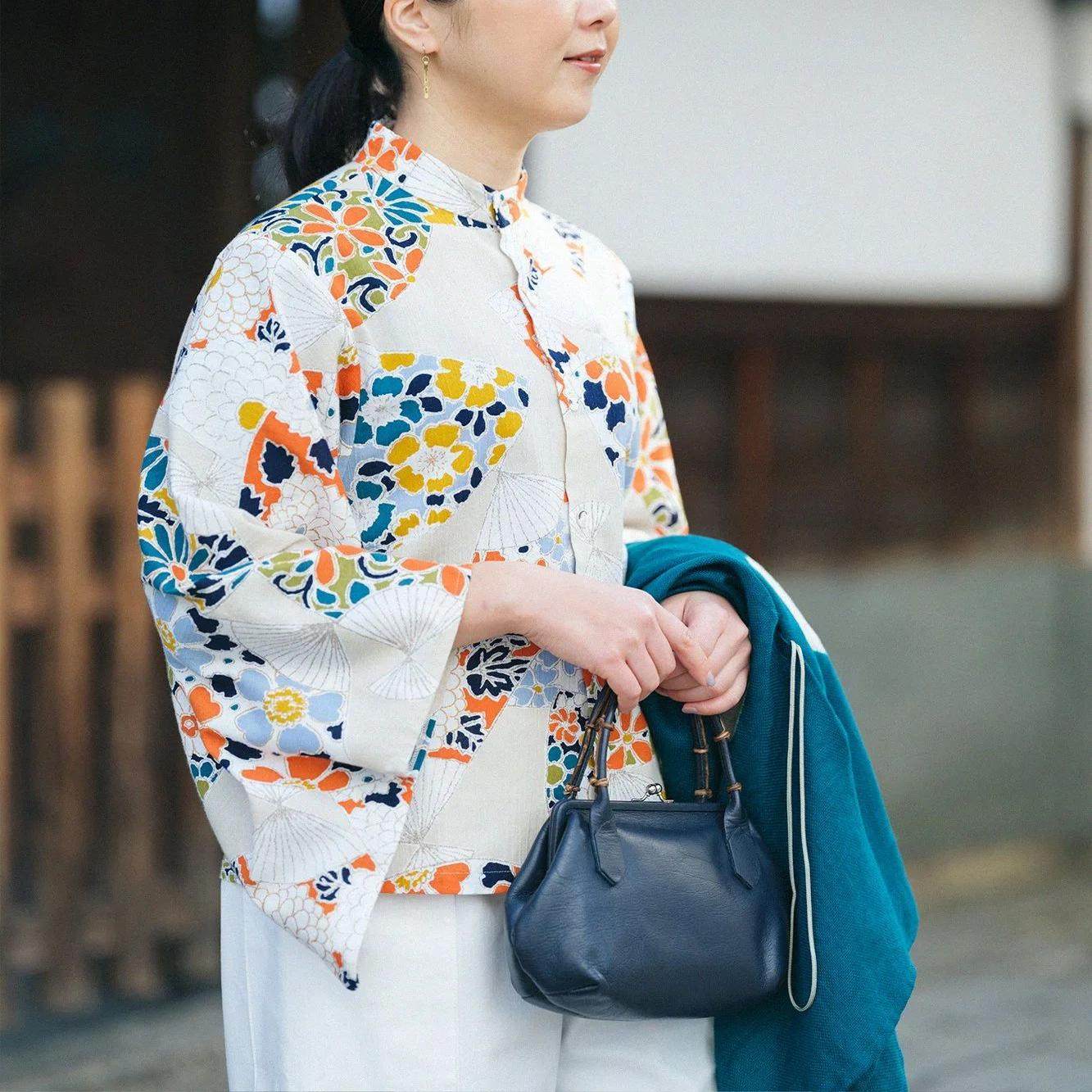 sousou代购日本京都设计师女宽松立V领上衣T恤高岛缩和服袖扇子