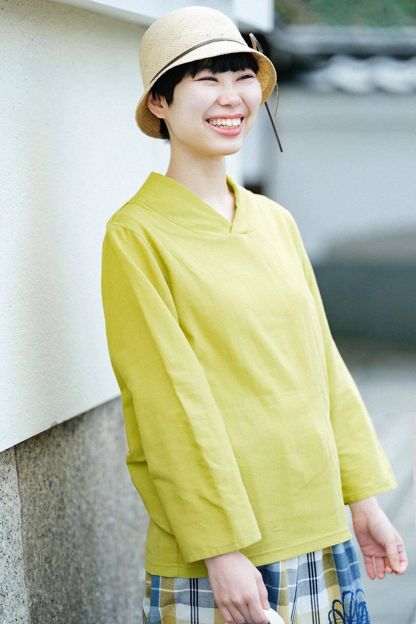 sousou代购日本京都设计师女宽松立V领上衣T恤高島縮和服袖柳葉色