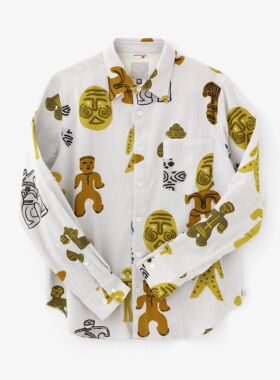 sousou日本代购Yousou男女长袖全棉高島縮翻领经典印花衬衫土偶