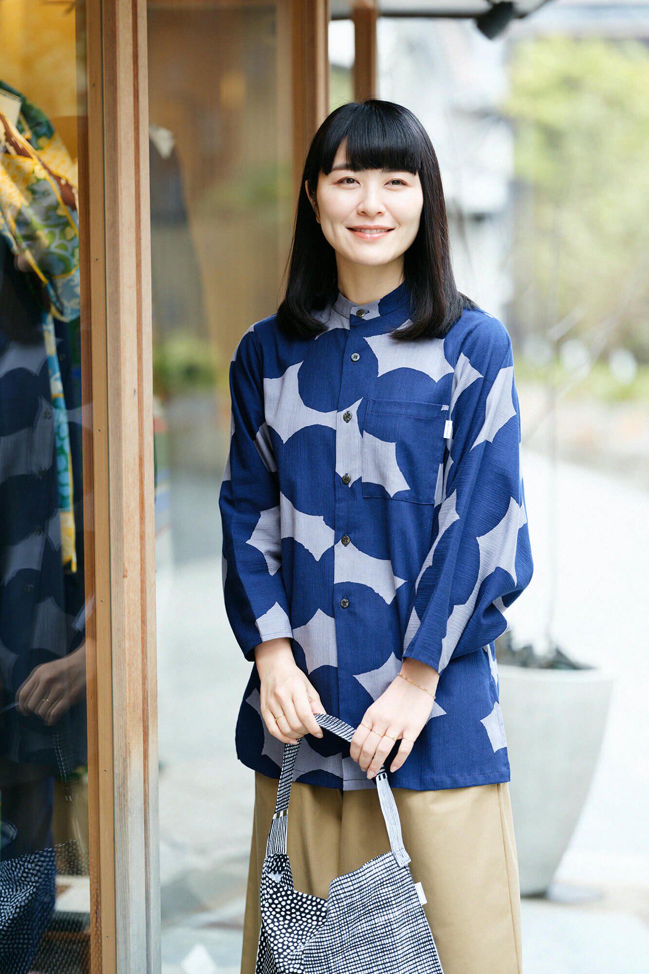sousou代购日本京都设计师女士立领高島縮全棉圆弧袖长款外套圆点