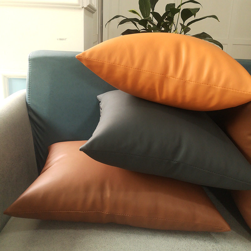 轻奢软皮质抱枕套腰枕客厅沙发靠垫pu仿真皮靠枕定制汽车纯橙色灰