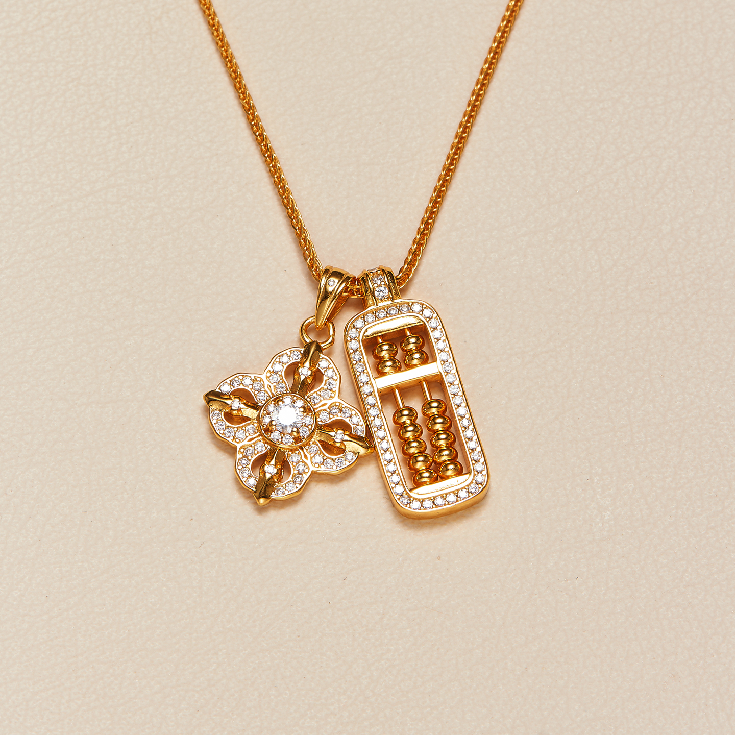 AHCHOO S925纯银古法手工算盘珠满镶锆石项链双吊坠锁骨链女礼物