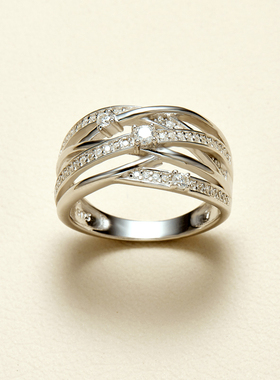 AHCHOO 静奢风重工交叉设计高级感满钻莫桑石戒指925银不对称指环