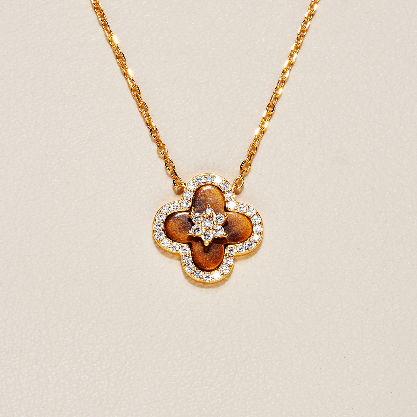 AHCHOO 静奢精工S925纯银微镶虎眼石项链本四叶草虎晴石锁骨链女