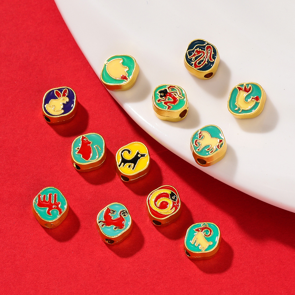 中国风十二生肖沙金烧蓝珠子diy金蛇马羊红绳转运隔珠合金配件
