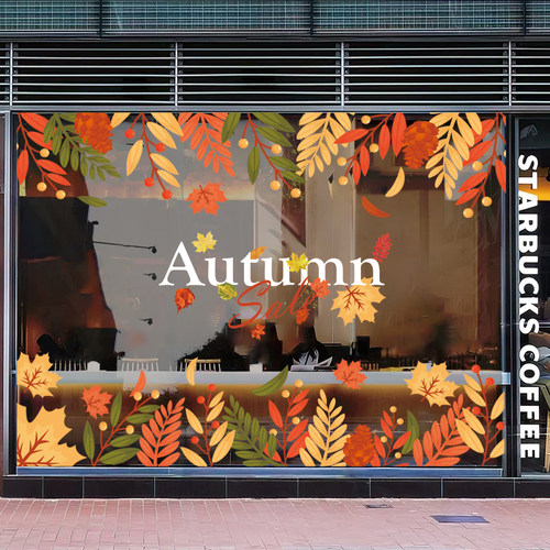 秋季秋天欢迎光临店铺静电贴纸服装店面橱窗玻璃装饰布置门贴窗贴