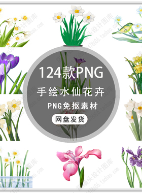 手绘水仙花花朵花卉春天白色花卉水仙花插画背景PNG免抠素材