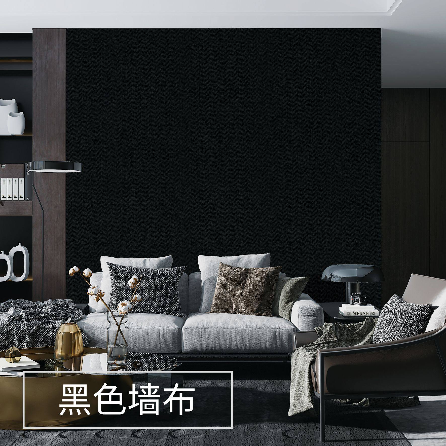 素色工业风纯黑色墙布亚麻饭店餐厅背景酒吧服装店复古黑灰色壁布