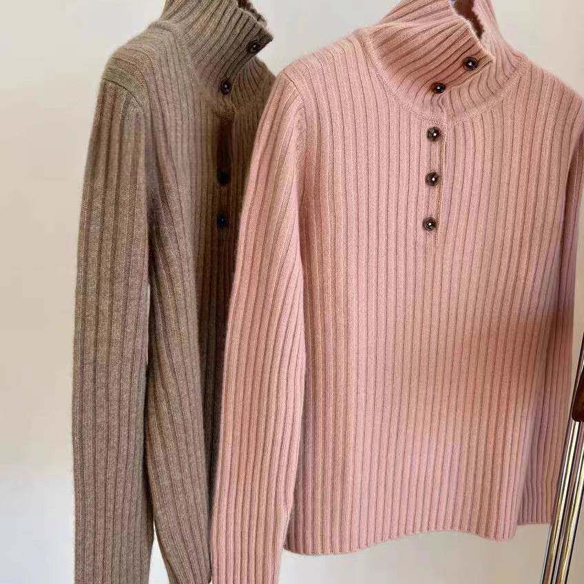 2025秋冬高领100%纯羊毛衫女士宽松显瘦气质抽条半开衫毛衣