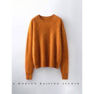 拉绒工艺~圆领山羊绒衫女拉绒长袖套头宽松简约打底羊毛针织毛衣