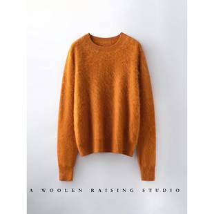 套头宽松简约打底羊毛针织毛衣 女拉绒长袖 拉绒工艺 圆领山羊绒衫