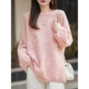 氛围感拉绒绣花羊绒衫女圆领宽松加厚软糯毛衣大码宽松羊毛针织衫