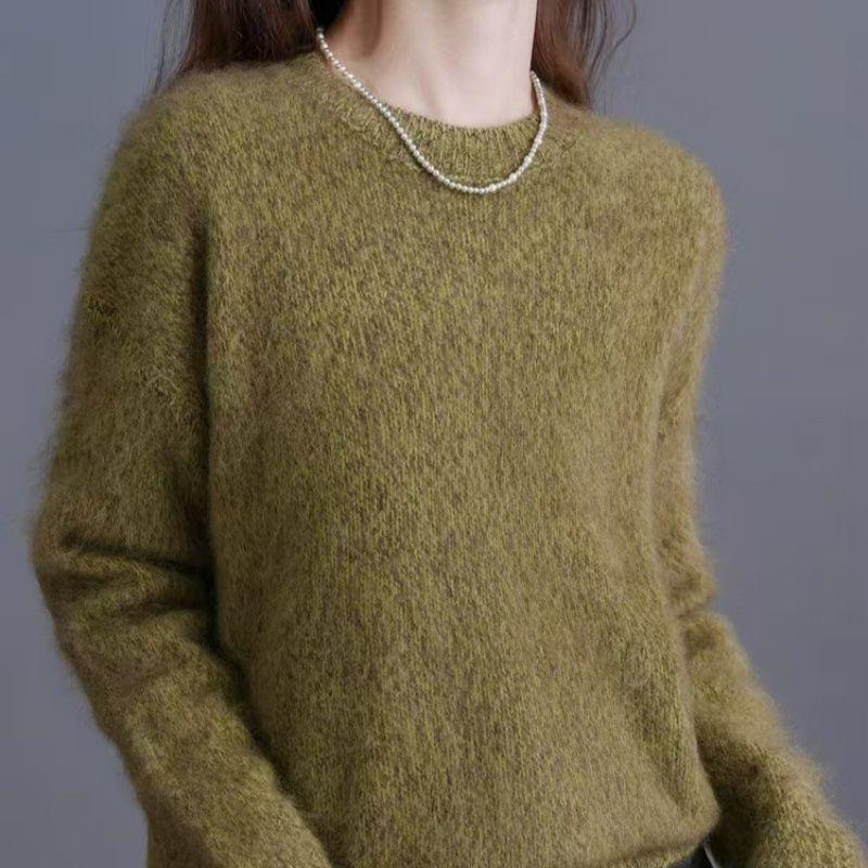 三股加厚拉绒5%山羊毛纯羊毛衫花纱圆领毛衣宽松慵懒风针织MX901