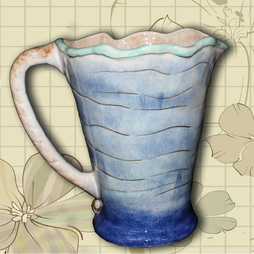 【】OCEAN 经销欧美陶瓷浮雕手绘蓝色海洋系列手把水扎 花瓶