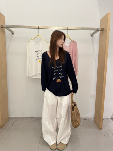 2026夏季新款韩版休闲女显瘦T恤简约圆领印花设计感长袖防晒宽松