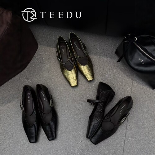 TEEDU/缇度2026新款真皮尖头浅口单鞋女粗跟鞋软皮气值女鞋舒适