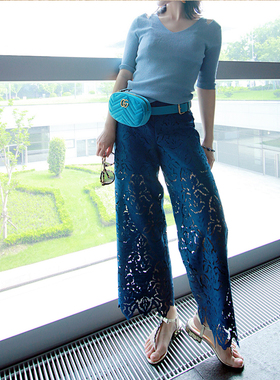 JLfashion高级定制 进口奢华孔雀蓝白色蕾丝 高腰阔腿九分裤 限量