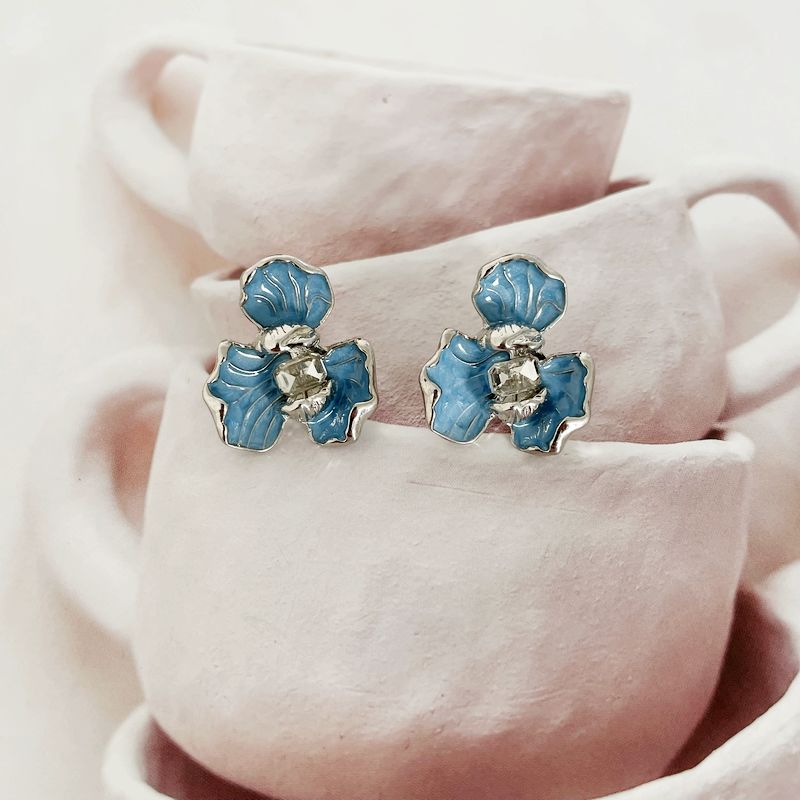 s45时尚唯美新潮款花朵彩绘珐琅滴釉镶钻田园风女神银针耳钉耳饰