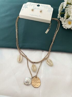 s69时尚唯美小众日常双层项链女金属链贝壳珍珠多吊坠锁骨链饰品