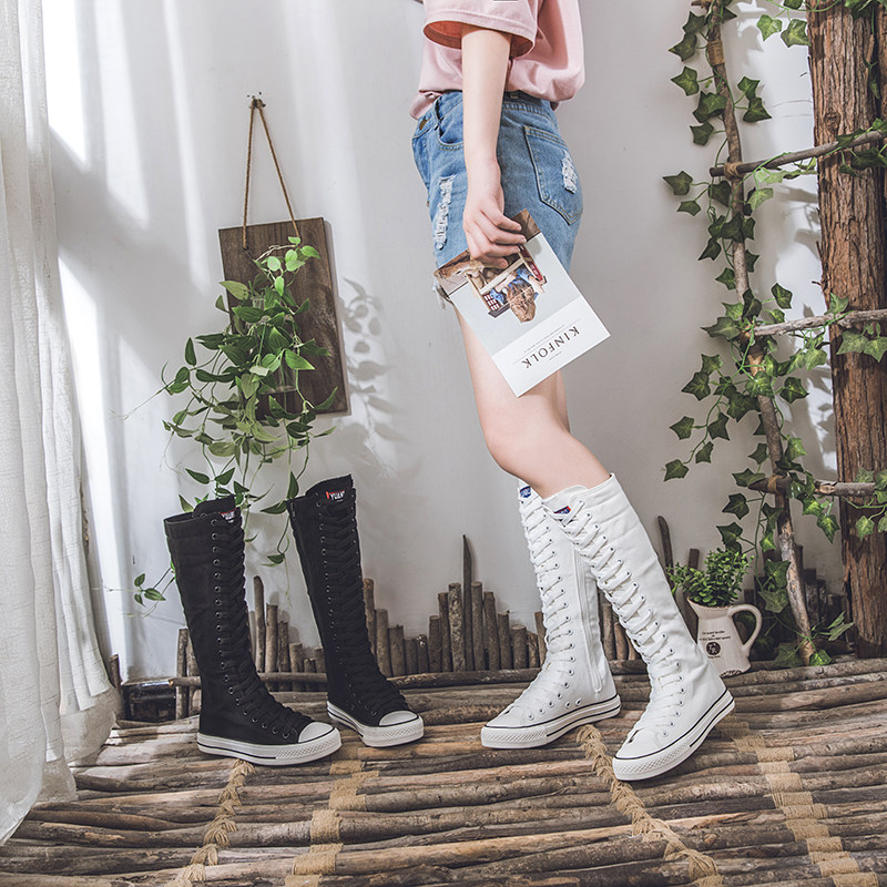 韩版超高帮长筒帆布靴2025新款学生情侣街头跳舞纯色小白鞋女鞋子