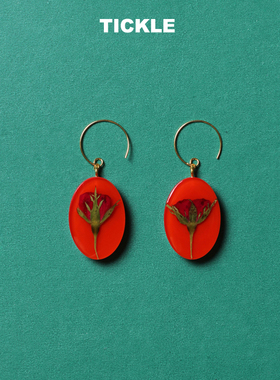 2025新款秋冬红色玫瑰中国风植物真花圣诞节耳环耳夹复古港味超仙