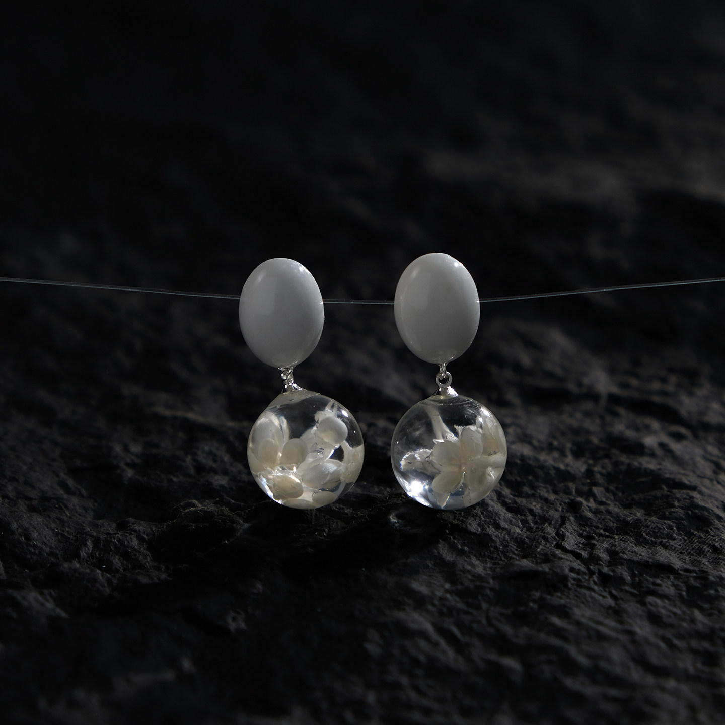 tickle原创中式透明白花耳夹耳钉