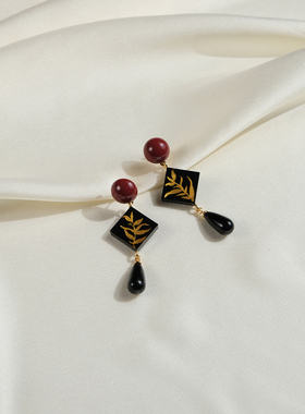 tickle原创设计描金工艺手绘叶子耳环新中式复古黑色艺术耳钉耳夹