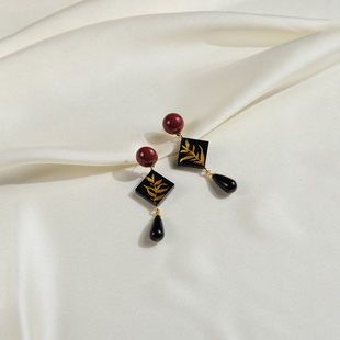 tickle原创设计描金工艺手绘叶子耳环新中式复古黑色艺术耳钉耳夹