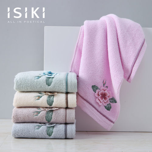 ISIKI依诗家纯棉素色面巾无捻提缎立体绣花毛巾柔软吸水舒适情侣