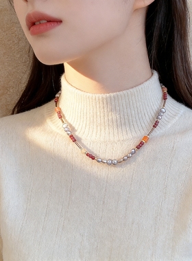 复古小众设计感毛衣链手工女款天然石礼物送女友法式淡水珍珠手链