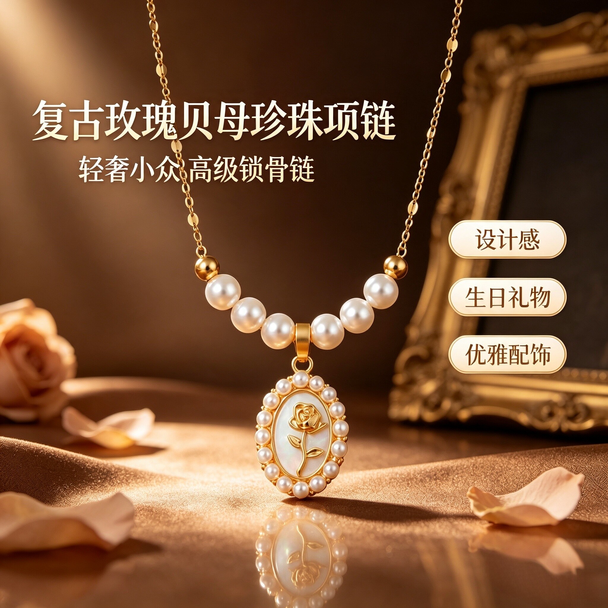 复古玫瑰贝母珍珠项链女轻奢小众设计感高级感锁骨链生日礼物