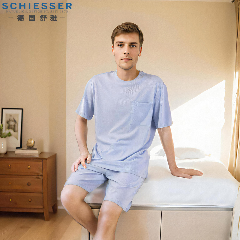 舒雅男士棉麻睡衣夏季薄款圆领汉麻柔软短袖短裤家居服套装