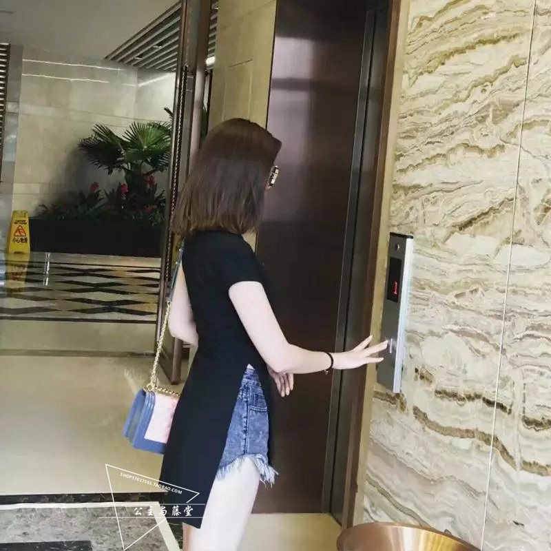 藤堂家大码女 两侧高开叉不对称前短后长短袖莫代尔打底衫t恤修身