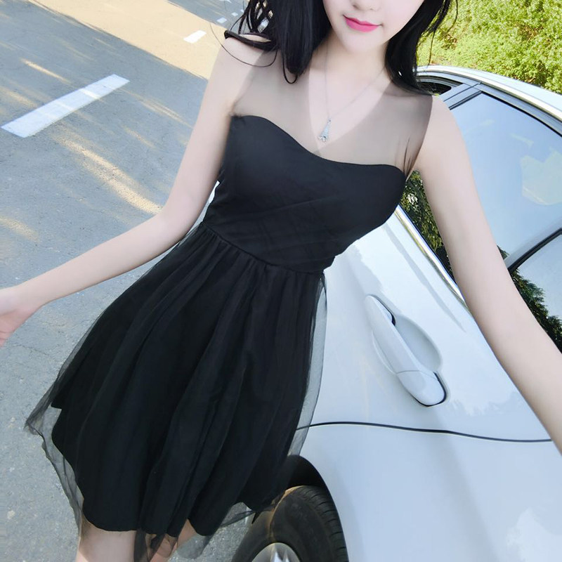 藤堂家大码女装 2017夏夜店性感气质透视网纱拼接抹胸露肩连衣裙