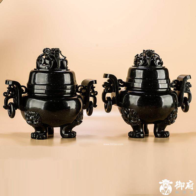 【御府】新疆和田玉青玉摆件玉石玉器把件龙钮饕餮龙耳衔环炉一对