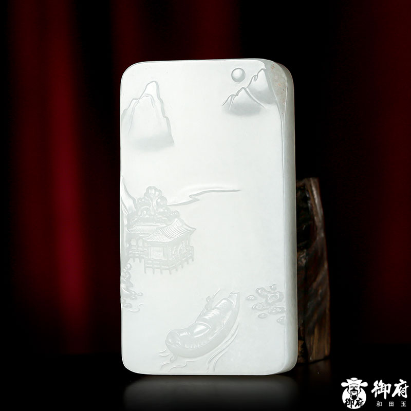 【御府】新疆和田玉青花籽料把件天然青玉牌挂件吊坠籽玉石山水牌