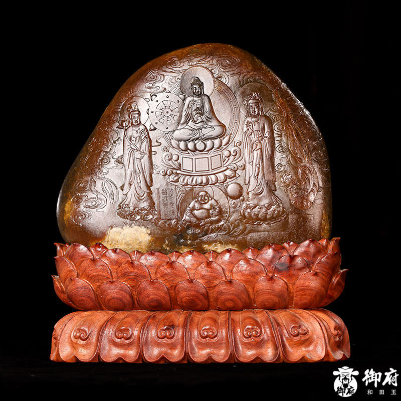 付雪飞工作室玉雕大师新疆和田玉聚黄皮独籽玉石玉雕摆件三圣佛