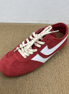 红色真皮拼色德训鞋复古百搭软底休闲运动鞋青年平跟系带鞋车缝线