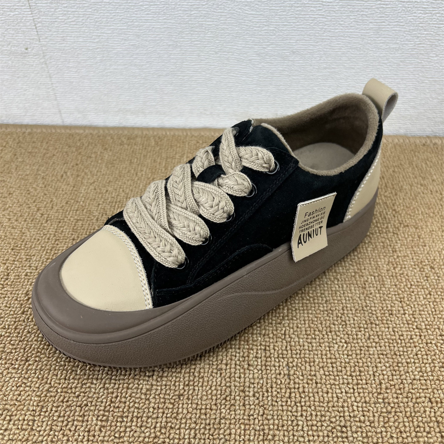 复古风真皮板鞋女厚底系带休闲鞋显脚小设计感小众黑色厚底鞋圆头,女鞋,休闲板鞋,淘宝优惠券,粉丝福利购,淘宝优惠卷