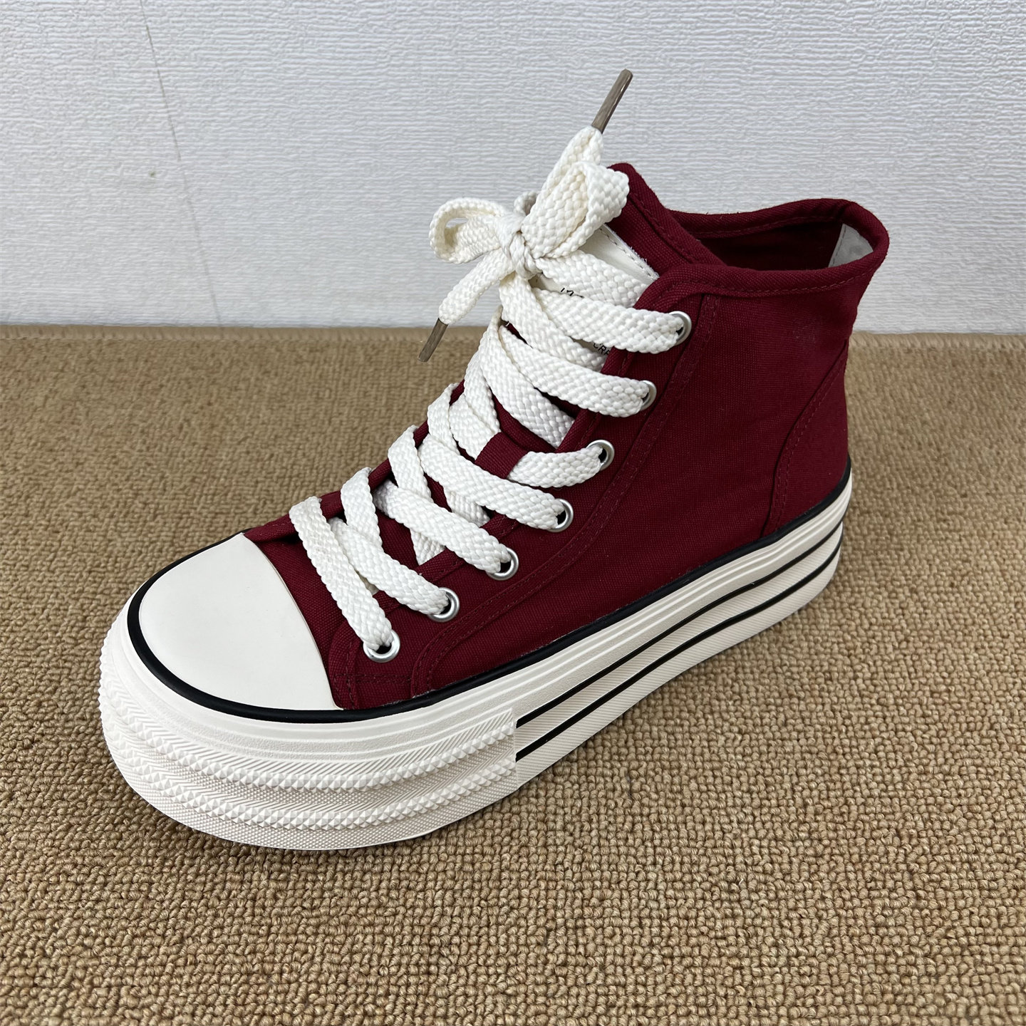 韩版高帮帆布鞋红色厚底休闲鞋百搭透气增高鞋交叉绑带圆头女鞋潮