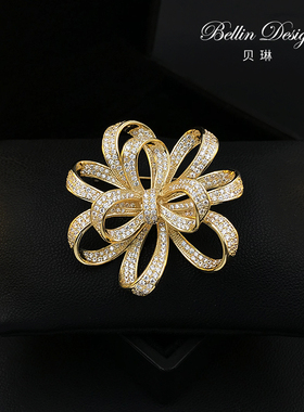 《金菱结语》金色满镶胸针女蝴蝶结造型胸花毛呢大衣别针配饰6005