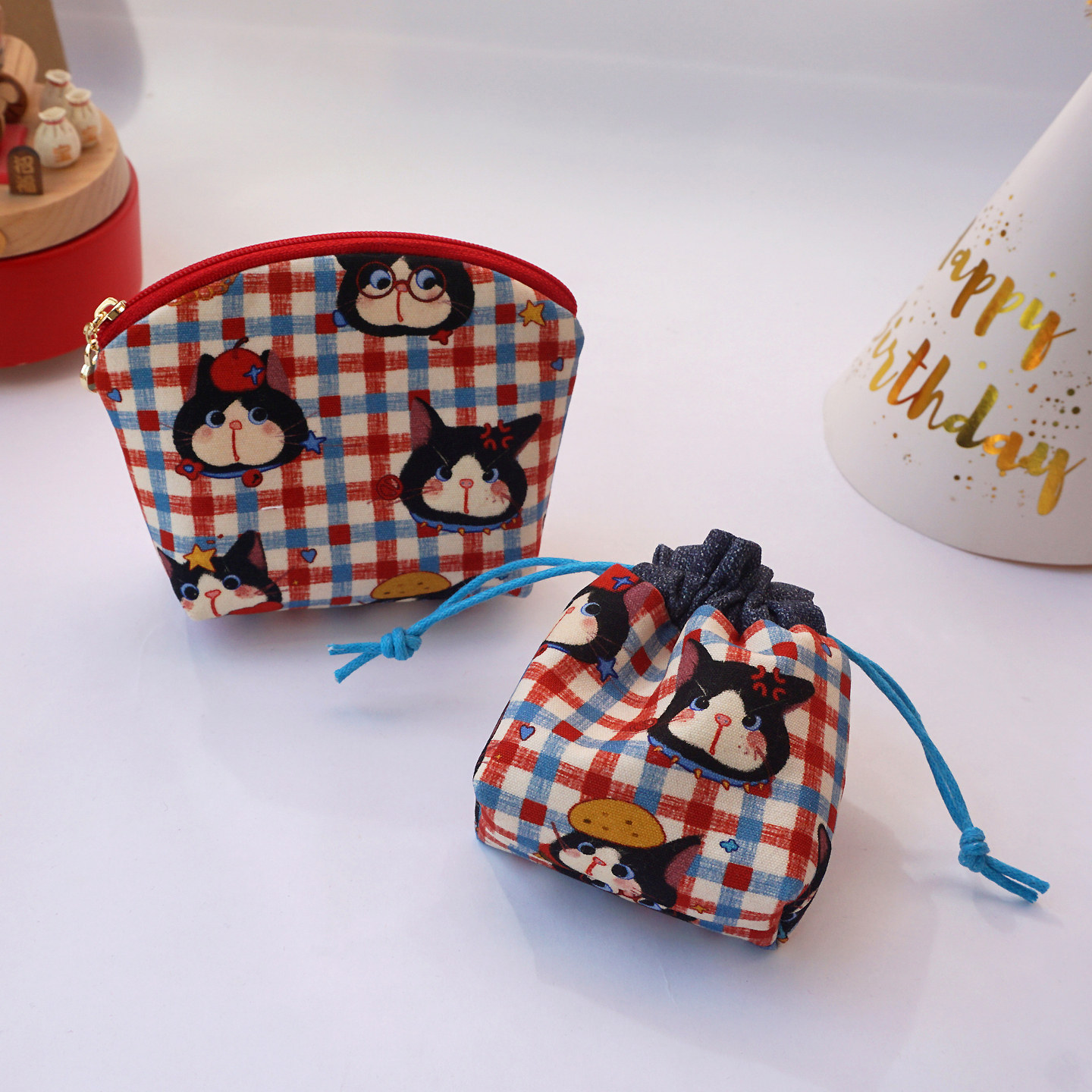 手工复古卡通可爱猫咪耳机驾驶证拉链包随身迷你便携格子收纳袋
