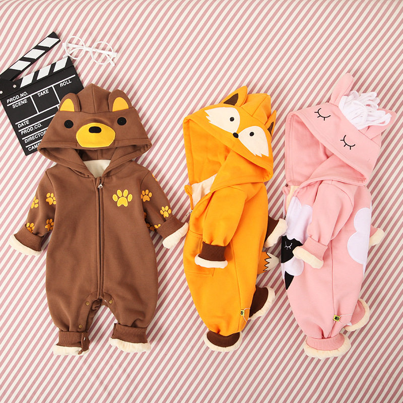 2018年秋冬季婴儿衣服韩版加绒哈衣宝宝连体衣爬爬服童装