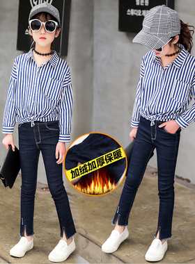 女童加绒牛仔裤2025冬新款女童喇叭裤秋冬11岁女孩裤子10修身12岁